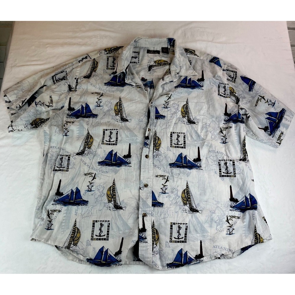 CAFE LUNA MEN'S SHIRT 2XL (50/52) FISHING DESIGN: BOATS; ANCHORS; LIGHT HOUSES
